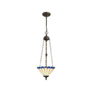 Sonoma 3 Light Uplighter Pendant E27 With 30cm Tiffany Shade, Blue/Ccrain/Crystal/Aged Antique Brass