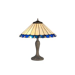 Sonoma 2 Light Curved Table Lamp E27 With 40cm Tiffany Shade, Blue/Ccrain/Crystal/Aged Antique Brass