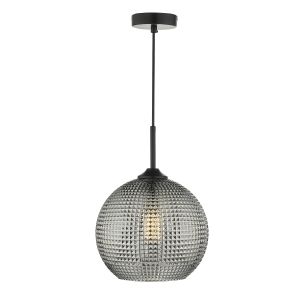 Eagle 1 Light E27 Black Adjustable Pendant With Smoked Textured Round Glass Shade