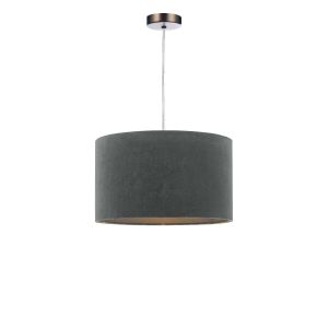 Tonga 1 Light E27 Antique Chrome Adjustable Pendant C/W Grey Velvet Drum Shade With Self Coloured Cotton Lining