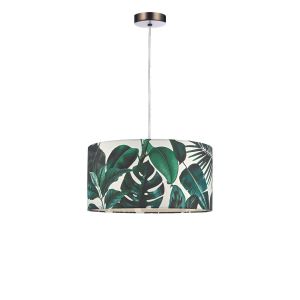 Tonga 1 Light E27 Antique Chrome Adjustable Pendant C/W Green Palm Print Drum Shade On A White Background Complete With A White Cotton Diffuser