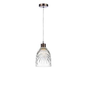 Alto 1 Light E27 Antique Chrome Adjustable Pendant C/W Clear Cut Glass Shade With Palm Leaf-Style Engravings