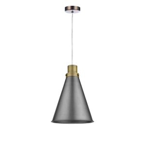 Tonga 1 Light E27 Antique Chrome Adjustable Pendant C/W Aged Brass With Antique Antique Chrome Metal Cone Shaped Shade