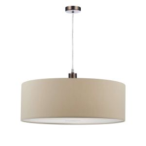 Tonga 1 Light E27 Antique Chrome Adjustable Pendant C/W Taupe Faux Silk 60cm Drum Shade With Soft White Acrylic Diffuser