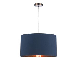 Tonga 1 Light E27 Antique Chrome Adjustable Pendant C/W Navy Blue Smooth Faux Silk Drum Shade With Metallic Rose Gold Lining