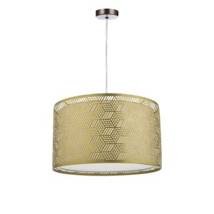 Tonga 1 Light E27 Antique Chrome Adjustable Pendant C/W Gold Finish Metal Drum Shade With Intricate Geometric Piercings