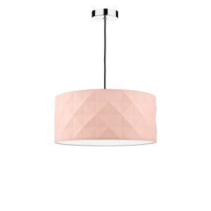Tonga 1 Light E27 Chrome & Black Adjustable Pendant C/W Pink Cotton Drum Shade With Diamond Pattern Design & Complete With A Removable Diffuser