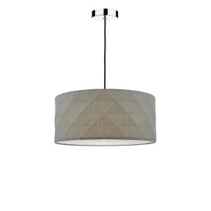 Tonga 1 Light E27 Chrome & Black Adjustable Pendant C/W Grey Cotton Drum Shade With Diamond Pattern Design & Complete With A Removable Diffuser