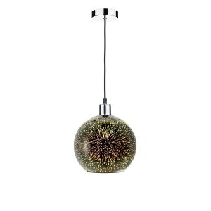 Tonga 1 Light E27 Chrome & Black Adjustable Pendant C/W Silver Mirror 3D Glass Globe Shade With Exploding Speckles Of Light