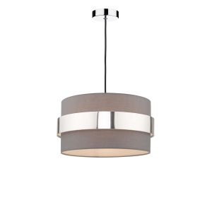 Tonga 1 Light E27 Chrome & Black Adjustable Pendant C/W Grey Cotton Shade With Polished Chrome & Black Band Finish