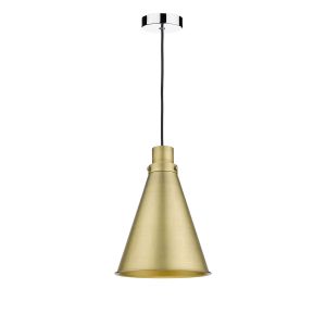 Tonga 1 Light E27 Chrome & Black Adjustable Pendant C/W Aged Brass Metal Cone Shaped Shade