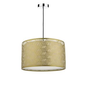 Tonga 1 Light E27 Chrome & Black Adjustable Pendant C/W Gold Finish Metal Drum Shade With Intricate Geometric Piercings