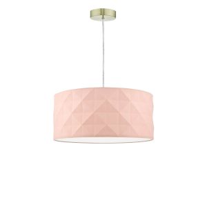 Tonga 1 Light E27 Satin Brass Adjustable Pendant C/W Pink Cotton Drum Shade With Diamond Pattern Design & Complete With A Removable Diffuser