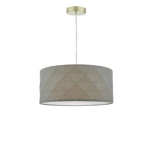 Tonga 1 Light E27 Satin Brass Adjustable Pendant C/W Grey Cotton Drum Shade With Diamond Pattern Design & Complete With A Removable Diffuser