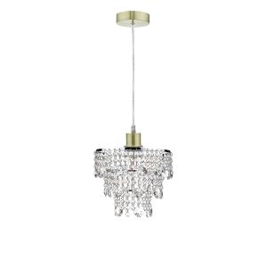 Tonga 1 Light E27 Satin Brass Adjustable Pendant C/W Polished Satin Brass Shade With Crystal Glass Beads & Droppers