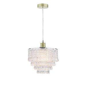 Tonga 1 Light E27 Satin Brass Adjustable Pendant C/W Polished Satin Brass Shade With Faceted Acylic Beads & Droppers