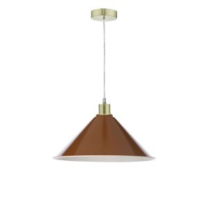 Tonga 1 Light E27 Satin Brass Adjustable Pendant C/W Red/Umber Metal Shade With White Inner