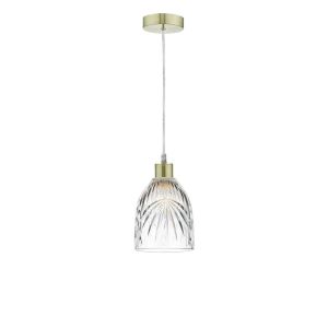 Tonga 1 Light E27 Satin Brass Adjustable Pendant C/W Clear Cut Glass Shade With Palm Leaf-Style Engravings