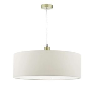 Tonga 1 Light E27 Satin Brass Adjustable Pendant C/W White Smooth Faux Silk 60cm Drum Shade With Soft White Acrylic Diffuser