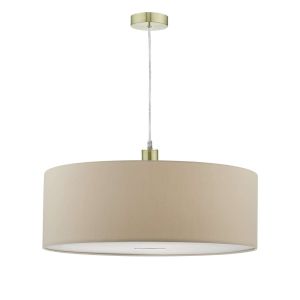 Tonga 1 Light E27 Satin Brass Adjustable Pendant C/W Taupe Faux Silk 60cm Drum Shade With Soft White Acrylic Diffuser