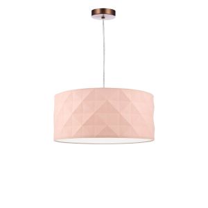 Tonga 1 Light E27 Aged Copper Adjustable Pendant C/W Pink Cotton Drum Shade With Diamond Pattern Design & Complete With A Removable Diffuser