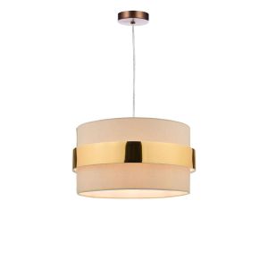 Tonga 1 Light E27 Aged Copper Adjustable Pendant C/W Taupe Cotton Shade With Gold Band Finish