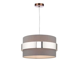 Alto 1 Light E27 Aged Copper Adjustable Pendant C/W Grey Cotton Shade With Polished Aged Copper Band Finish