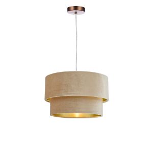 Tonga 1 Light E27 Aged Copper Adjustable Pendant C/W Taupe Velvet Shade With A Gold Metallic Lining