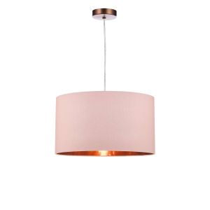 Tonga 1 Light E27 Aged Copper Adjustable Pendant C/W Pink Smooth Faux Silk Drum Shade With Metallic Rose Gold Lining