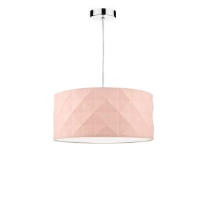 Tonga 1 Light E27 Chrome Adjustable Pendant C/W Pink Cotton Drum Shade With Diamond Pattern Design & Complete With A Removable Diffuser