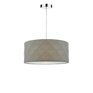 Tonga 1 Light E27 Chrome Adjustable Pendant C/W Grey Cotton Drum Shade With Diamond Pattern Design & Complete With A Removable Diffuser