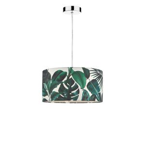 Tonga 1 Light E27 Chrome Adjustable Pendant C/W Green Palm Print Drum Shade On A White Background Complete With A White Cotton Diffuser