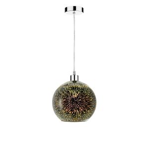 Tonga 1 Light E27 Chrome Adjustable Pendant C/W Silver Mirror 3D Glass Globe Shade With Exploding Speckles Of Light
