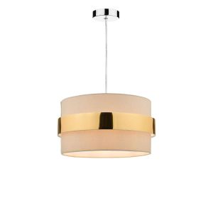 Tonga 1 Light E27 Chrome Adjustable Pendant C/W Taupe Cotton Shade With Gold Band Finish