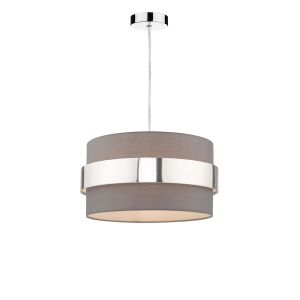 Tonga 1 Light E27 Chrome Adjustable Pendant C/W Grey Cotton Shade With Polished Chrome Band Finish