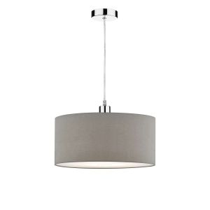 Tonga 1 Light E27 Chrome Adjustable Pendant C/W Slate Grey Faux Silk 40cm Drum Shade With Soft White Acrylic Diffuser