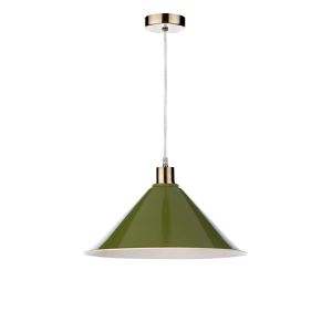 Tonga 1 Light E27 Antique Brass Adjustable Pendant C/W Olive Green Metal Shade With White Inner