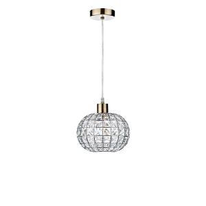 Tonga 1 Light E27 Antique Brass Adjustable Pendant C/W Antique Brass Finish Frame Shade With Faceted Crystal Glass Sqaure Shaped Beads