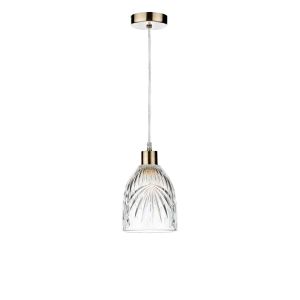 Tonga 1 Light E27 Antique Brass Adjustable Pendant C/W Clear Cut Glass Shade With Palm Leaf-Style Engravings