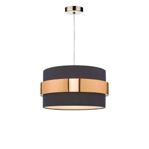 Tonga 1 Light E27 Antique Brass Adjustable Pendant C/W Navy Blue Cotton Shade With Copper Band Finish
