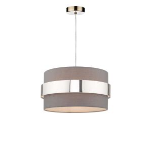 Tonga 1 Light E27 Antique Brass Adjustable Pendant C/W Grey Cotton Shade With Polished Antique Brass Band Finish