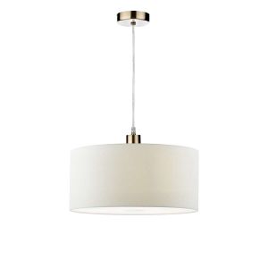 Tonga 1 Light E27 Antique Brass Adjustable Pendant C/W White Smooth Faux Silk 40cm Drum Shade With Soft White Acrylic Diffuser