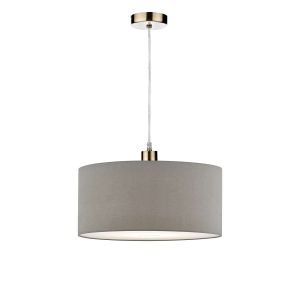 Tonga 1 Light E27 Antique Brass Adjustable Pendant C/W Slate Grey Faux Silk 40cm Drum Shade With Soft White Acrylic Diffuser