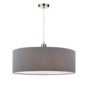 Tonga 1 Light E27 Antique Brass Adjustable Pendant C/W Slate Grey Faux Silk 60cm Drum Shade With Soft White Acrylic Diffuser