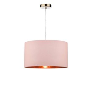 Tonga 1 Light E27 Antique Brass Adjustable Pendant C/W Pink Smooth Faux Silk Drum Shade With Metallic Rose Gold Lining