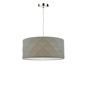 Tonga 1 Light E27 Satin Chrome Adjustable Pendant C/W Grey Cotton Drum Shade With Diamond Pattern Design & Complete With A Removable Diffuser