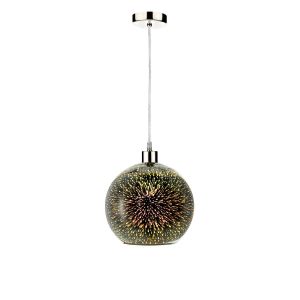 Tonga 1 Light E27 Satin Chrome Adjustable Pendant C/W Silver Mirror 3D Glass Globe Shade With Exploding Speckles Of Light