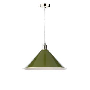 Tonga 1 Light E27 Satin Chrome Adjustable Pendant C/W Olive Green Metal Shade With White Inner