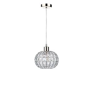 Tonga 1 Light E27 Satin Chrome Adjustable Pendant C/W Satin Chrome Finish Frame Shade With Faceted Crystal Glass Sqaure Shaped Beads