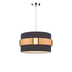 Alto 1 Light E27 Satin Chrome Adjustable Pendant C/W Navy Blue Cotton Shade With Copper Band Finish